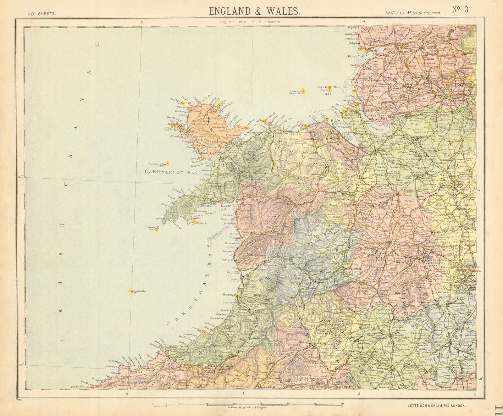 NORTHWEST ENGLAND & NORTH WALES. Lighthouses. LETTS 1892 old antique map chart